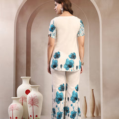 Indibelle Linen Touch Ivory Teal Blossom Co-ord Set