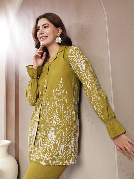 Indibelle Linen Touch Mustard Olive Ivory Co-ord Set