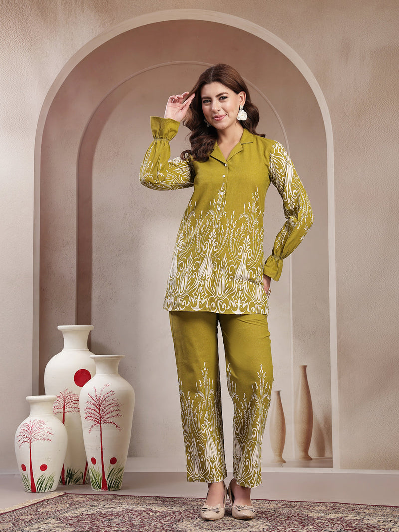 Indibelle Linen Touch Mustard Olive Ivory Co-ord Set