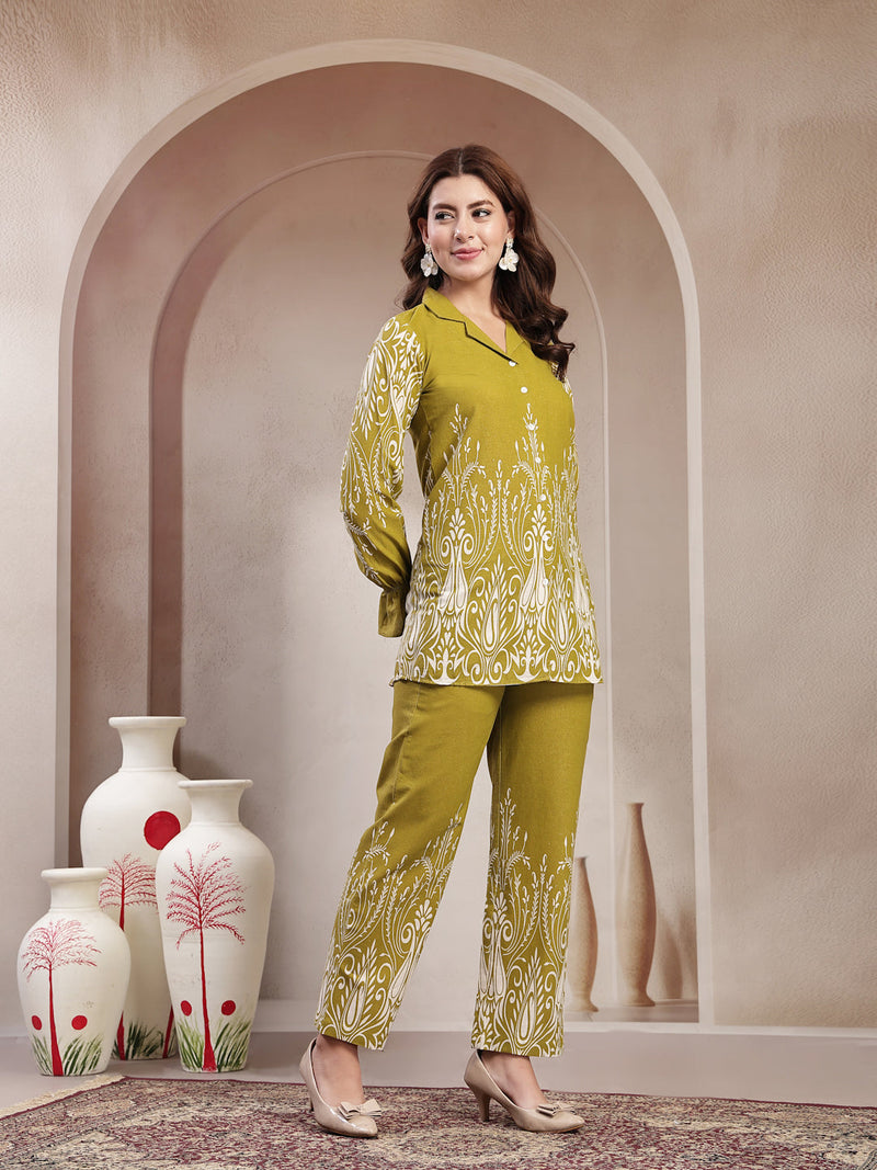 Indibelle Linen Touch Mustard Olive Ivory Co-ord Set