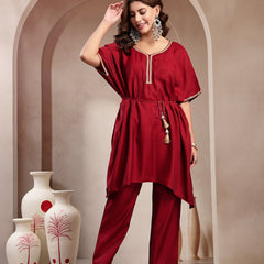Indibelle Crimson Silk Blend Kaftan Co-ord set