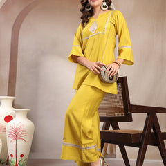 Indibelle Golden Mustard Silk Blend Hand Work Co-ord set
