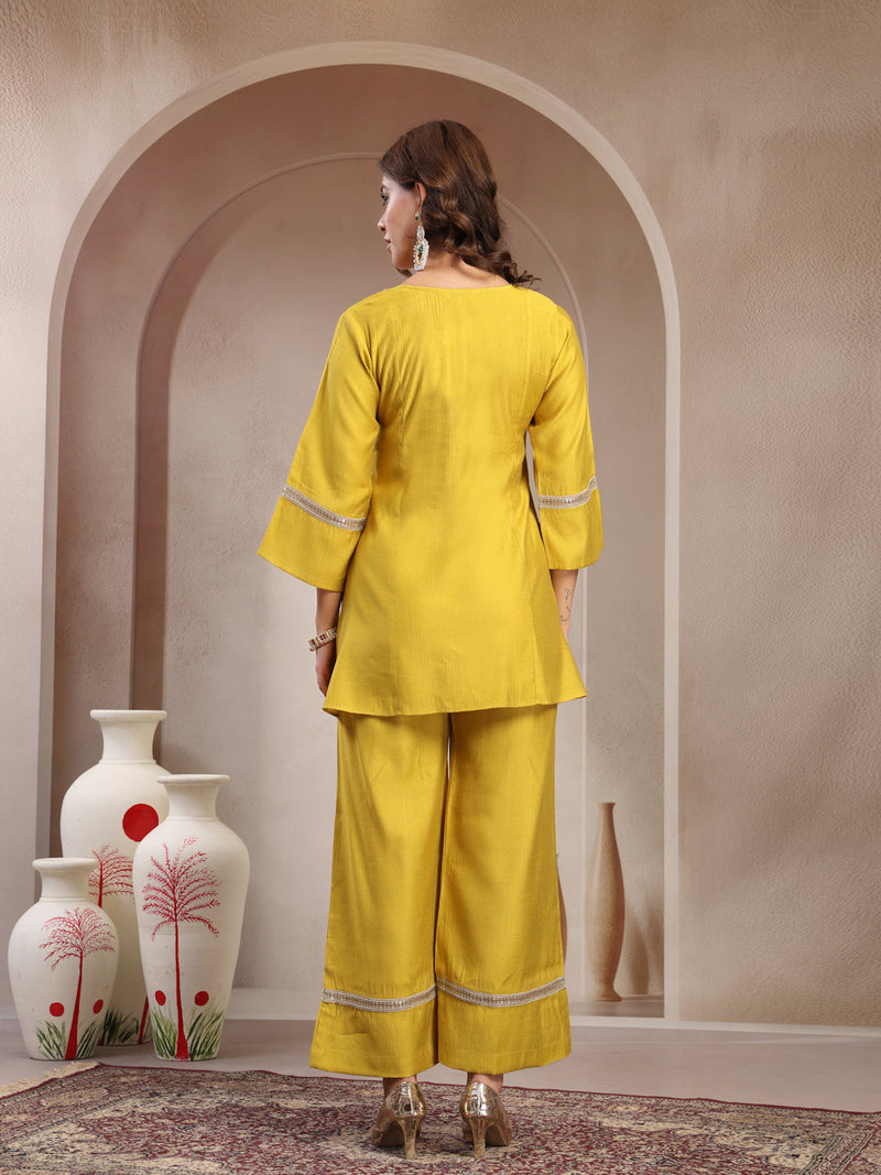 Indibelle Golden Mustard Silk Blend Hand Work Co-ord set