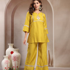 Indibelle Golden Mustard Silk Blend Hand Work Co-ord set