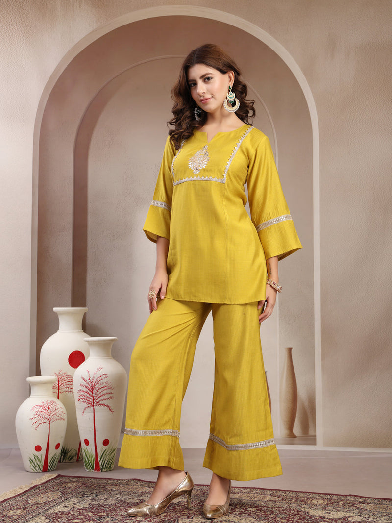 Indibelle Golden Mustard Silk Blend Hand Work Co-ord set