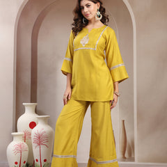 Indibelle Golden Mustard Silk Blend Hand Work Co-ord set