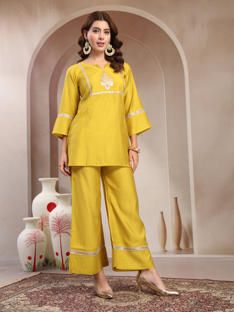 Indibelle Golden Mustard Silk Blend Hand Work Co-ord set