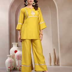 Indibelle Golden Mustard Silk Blend Hand Work Co-ord set