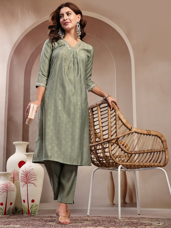 Indibelle Sage Green Silk Blend Kurta Set
