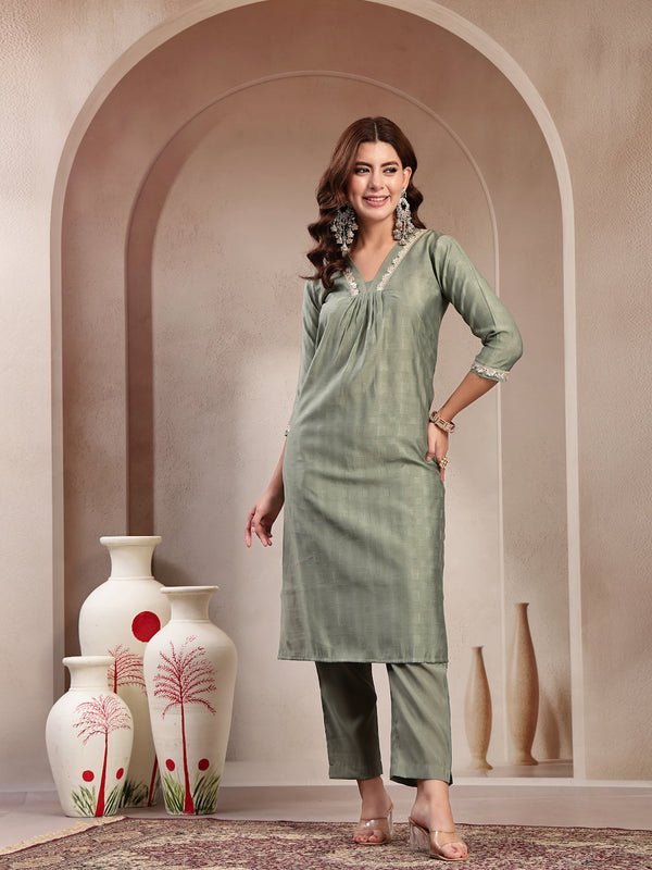 Indibelle Sage Green Silk Blend Kurta Set