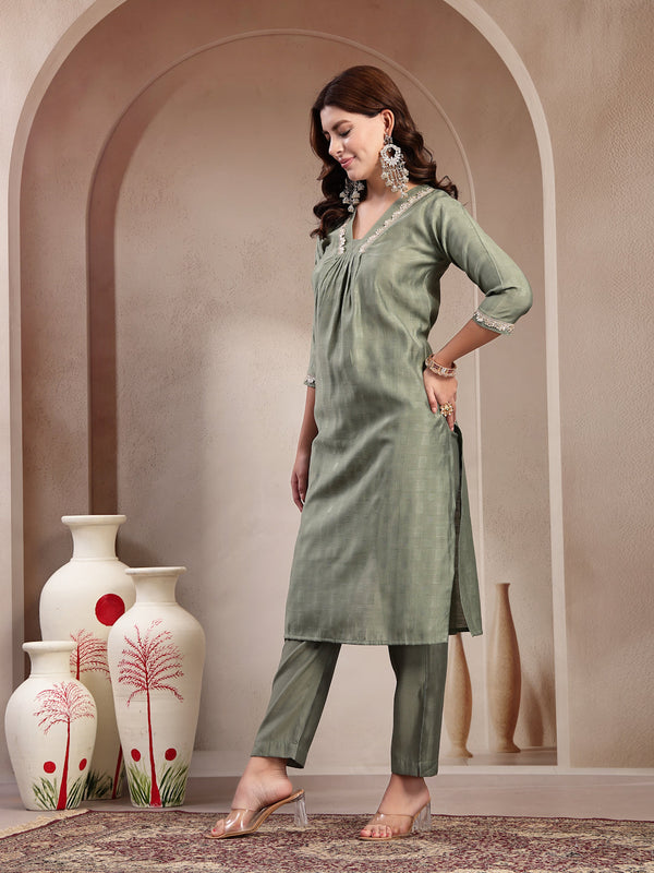 Indibelle Sage Green Silk Blend Kurta Set
