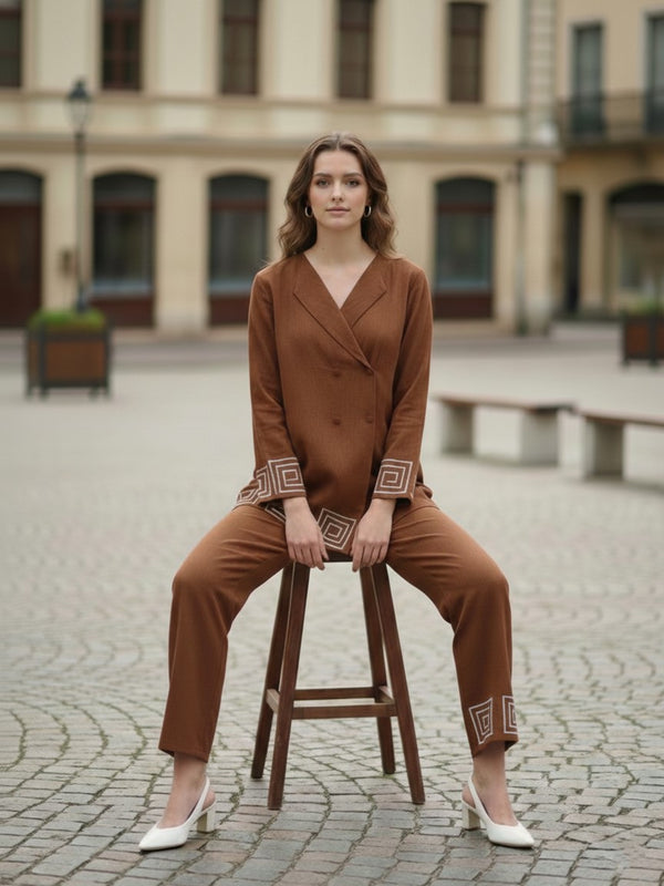 Indibelle Brown Cotton Slub Corded Embroidery Co-ord Set