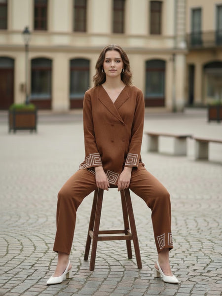 Indibelle Brown Cotton Slub Corded Embroidery Co-ord Set