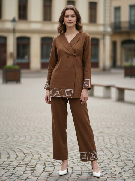 Indibelle Brown Cotton Slub Corded Embroidery Co-ord Set