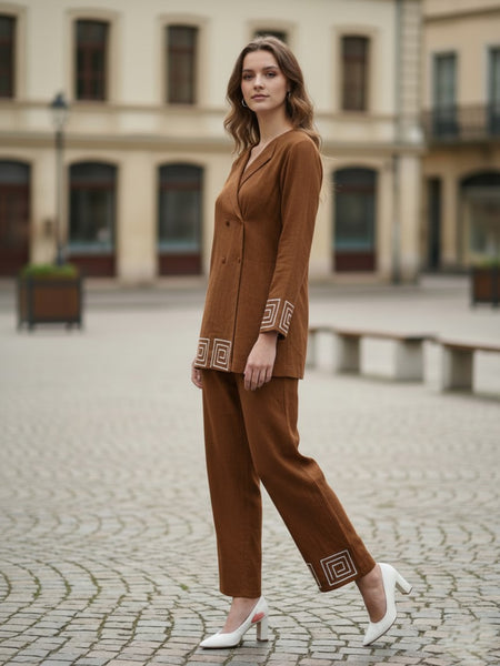 Indibelle Brown Cotton Slub Corded Embroidery Co-ord Set