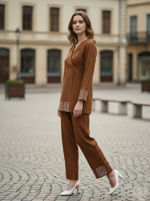 Indibelle Brown Cotton Slub Corded Embroidery Co-ord Set