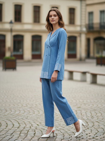 Indibelle Sky Blue Cotton Slub Corded Embroidery Co-ord Set