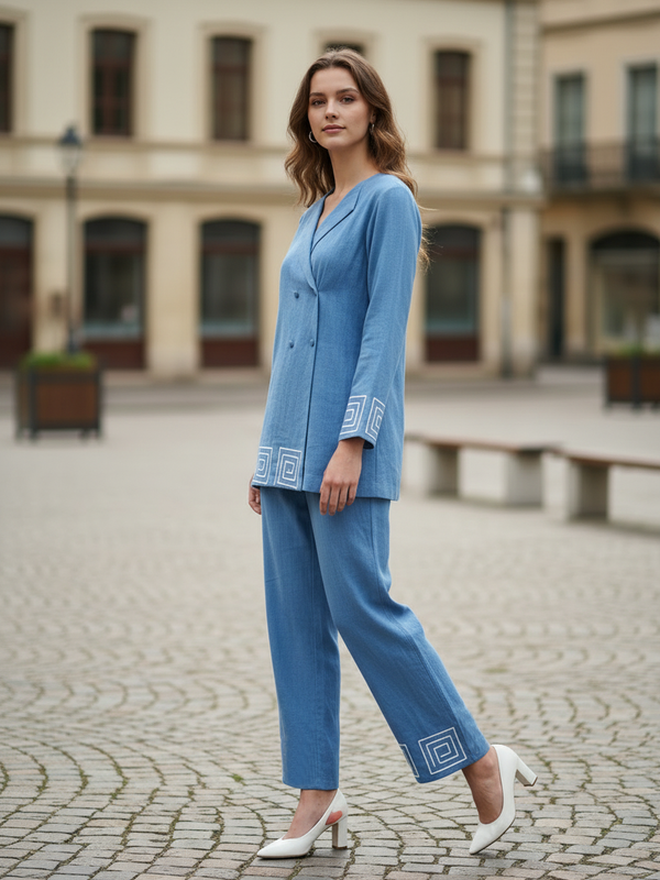 Indibelle Sky Blue Cotton Slub Corded Embroidery Co-ord Set