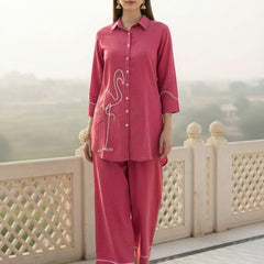 Indibelle Solid Pink Cotton Slub Corded Embrodiary Co-ord Set