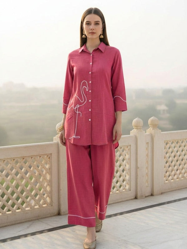 Indibelle Solid Pink Cotton Slub Corded Embrodiary Co-ord Set