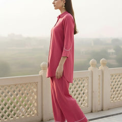 Indibelle Solid Pink Cotton Slub Corded Embrodiary Co-ord Set