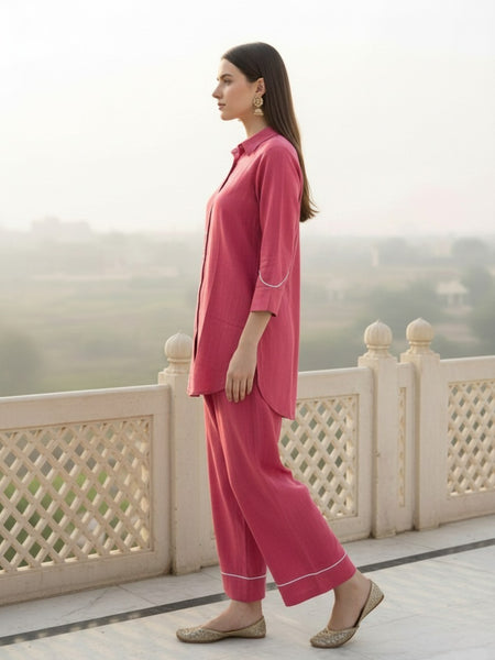 Indibelle Solid Pink Cotton Slub Corded Embrodiary Co-ord Set