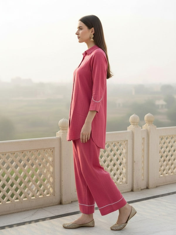 Indibelle Solid Pink Cotton Slub Corded Embrodiary Co-ord Set