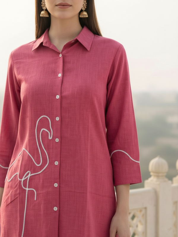 Indibelle Solid Pink Cotton Slub Corded Embrodiary Co-ord Set