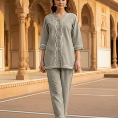 Indibelle Grey Cotton Slub Lace Co-ord Set