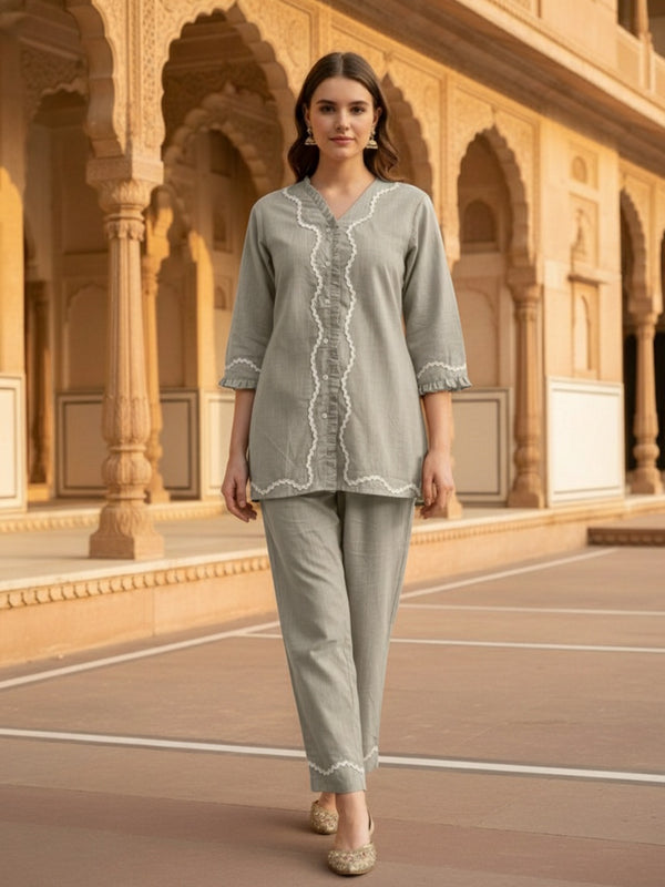 Indibelle Grey Cotton Slub Lace Co-ord Set