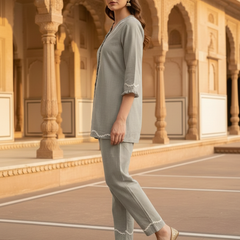 Indibelle Grey Cotton Slub Lace Co-ord Set