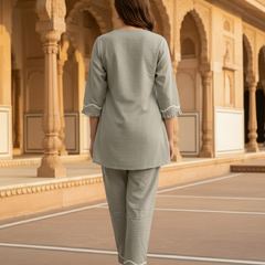 Indibelle Grey Cotton Slub Lace Co-ord Set