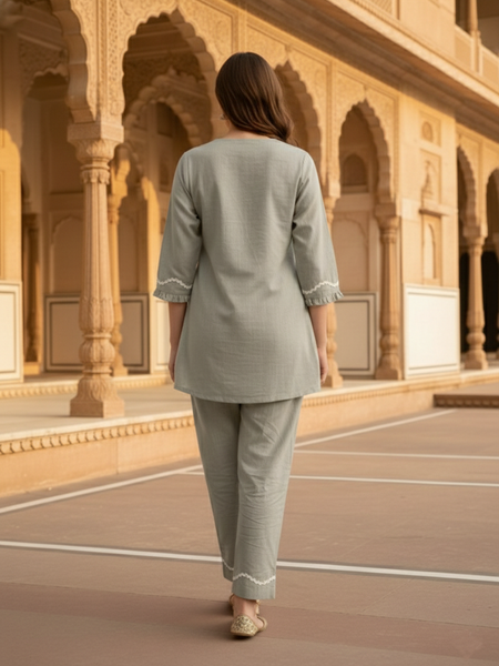 Indibelle Grey Cotton Slub Lace Co-ord Set