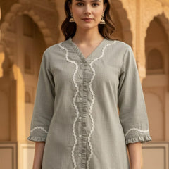 Indibelle Grey Cotton Slub Lace Co-ord Set