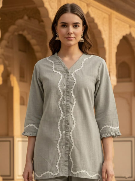 Indibelle Grey Cotton Slub Lace Co-ord Set