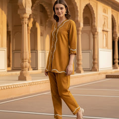 Indibelle Mustard Cotton Slub Lace Co-ord Set