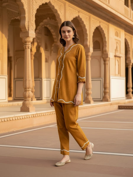 Indibelle Mustard Cotton Slub Lace Co-ord Set