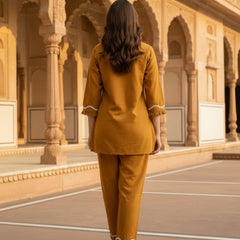 Indibelle Mustard Cotton Slub Lace Co-ord Set