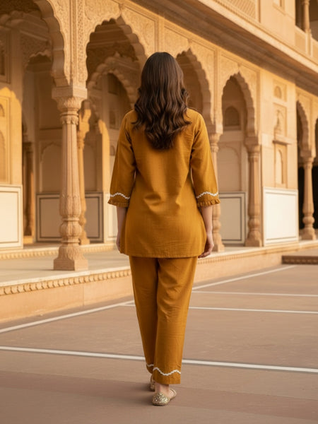 Indibelle Mustard Cotton Slub Lace Co-ord Set