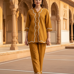 Indibelle Mustard Cotton Slub Lace Co-ord Set