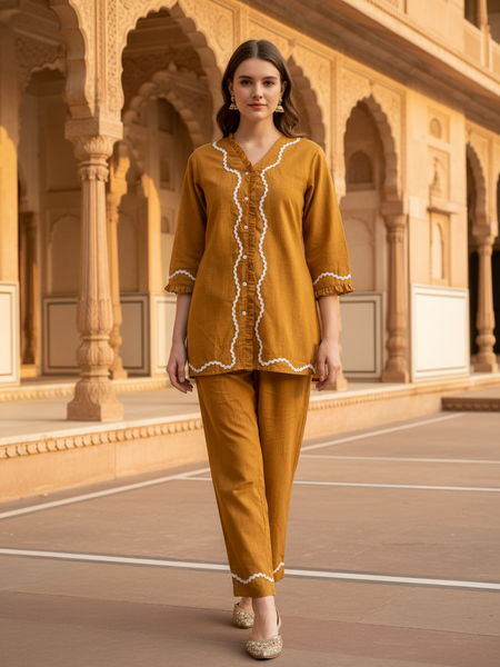 Indibelle Mustard Cotton Slub Lace Co-ord Set