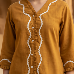 Indibelle Mustard Cotton Slub Lace Co-ord Set