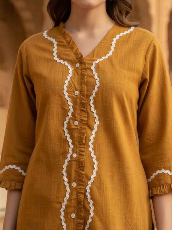 Indibelle Mustard Cotton Slub Lace Co-ord Set