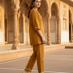 Indibelle Mustard Cotton Slub Lace Co-ord Set