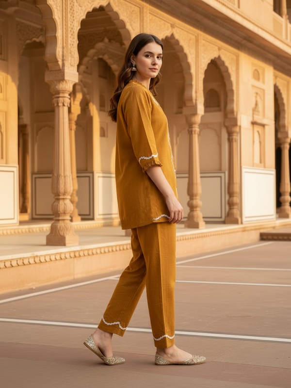 Indibelle Mustard Cotton Slub Lace Co-ord Set