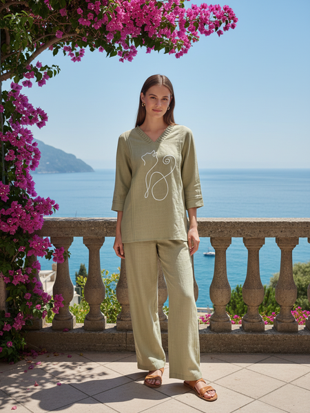 Indibelle Beige Cotton Slub Corded Embroidery Co-ord Set