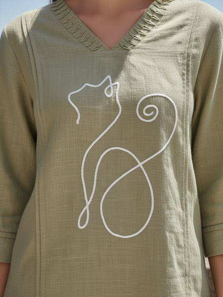 Indibelle Beige Cotton Slub Corded Embroidery Co-ord Set