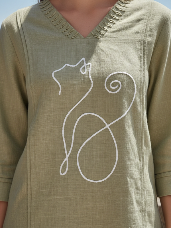 Indibelle Beige Cotton Slub Corded Embroidery Co-ord Set