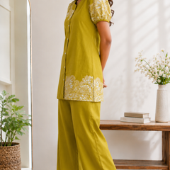 Women Mustard Printed Cotton Puff Sleeve Co-Ord Set