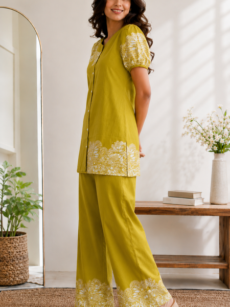Women Mustard Printed Cotton Puff Sleeve Co-Ord Set